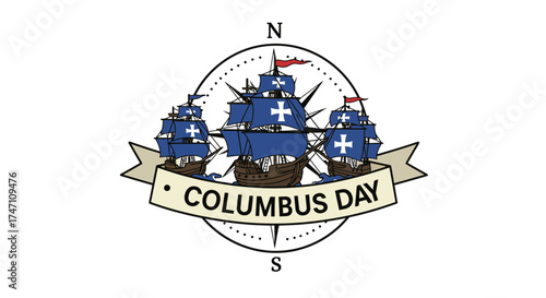 Christopher columbus ships navigate globe with compass rose celebrating columbus day holiday discovery theme vector