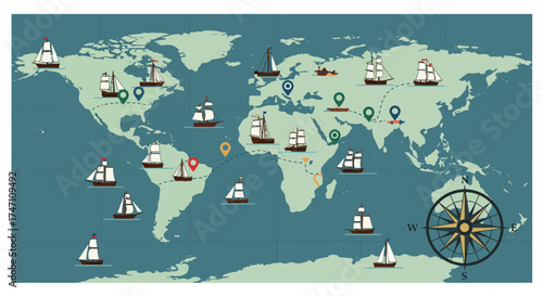 Global exploration and navigation world map featuring vintage sailing ships nautical compass for travel discovery adventure concepts vector