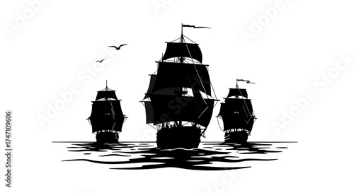 Three majestic tall ship sailing vessels silhouette against a stark white sky over reflective ocean waves vector