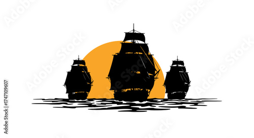 Mysterious silhouette of three black objects against a vibrant orange sun and abstract ground texture vector