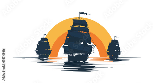 Majestic tall ship sailing at sunset with dramatic orange sky and stylized water reflections abstract art vector