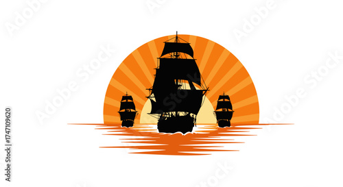 Silhouette of a majestic tall ship sailing on a calm sea under a fiery sunset sky. vector