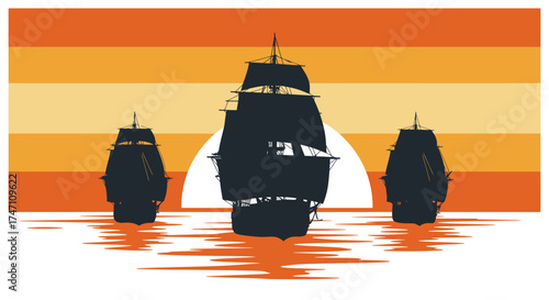 Three silhouette tall ships sail across a tranquil ocean during a vibrant orange and yellow sunset vector