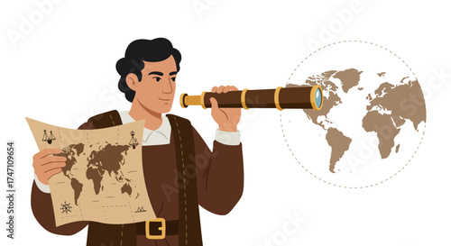 Explorer with telescope gazes at world map discovering new frontiers and opportunities for global exploration vector