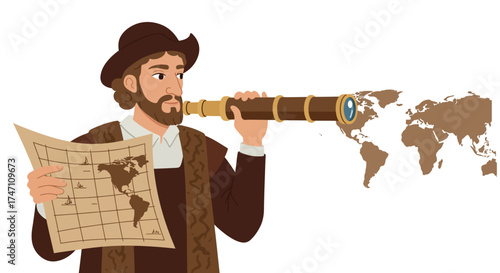 Explorer with telescope and map discovering new worlds discovery exploration nautical maritime adventure exploration vector