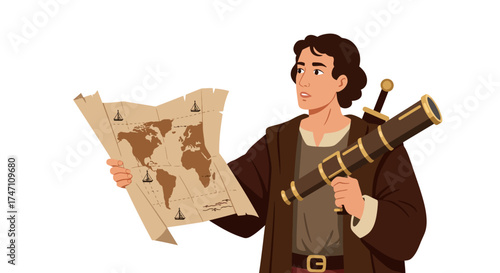 Adventurous young explorer studying ancient map holding telescope ready for journey and discovery vector