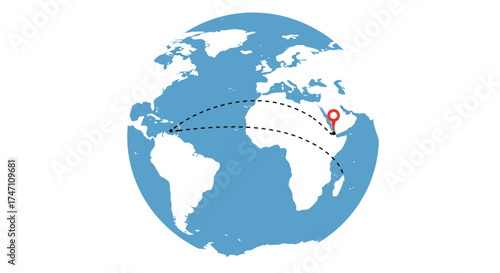 Global travel route across continents earth map showing airplane path destination pin on africa continent vector