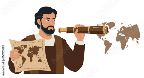 Explorer with telescope and map discovering continents with world map emerging concept of exploration and global discovery vector