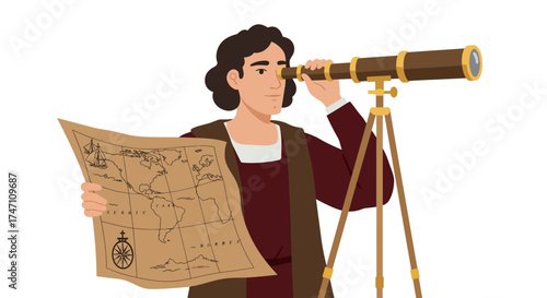Historical figure with map and telescope exploring new discoveries and scientific advancement vector