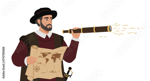 Historical explorer with spyglass and old map discovering new horizons adventure and exploration vector