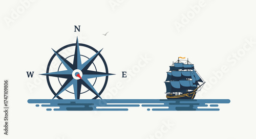 Vintage compass rose and tall ship sailing on ocean waves nautical adventure theme discovery journey vector