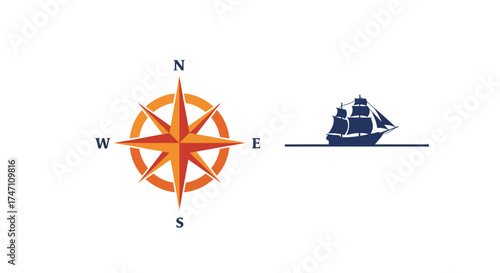 Antique compass rose and tall ship silhouette symbolizing navigation exploration and adventure on the open sea vector
