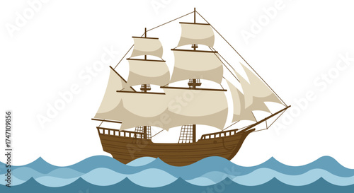 Majestic tall ship sails across wavy ocean waters a vintage sailing vessel navigating blue sea waves vector