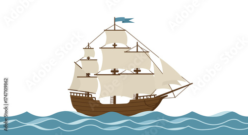 Majestic old wooden sailing ship with full sails on wavy blue ocean waters under a bright sky vector