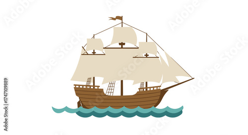 Historical sailing ship with white sails navigating rippling blue waves under a clear sky vector