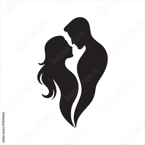 Romantic couple silhouette forming heart-like shape — intimate love symbol vector illustration for Valentine and wedding art