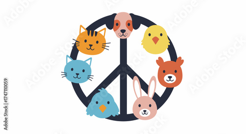 Adorable cartoon animal faces adorn a black peace symbol creating a whimsical harmony of nature and hope vector