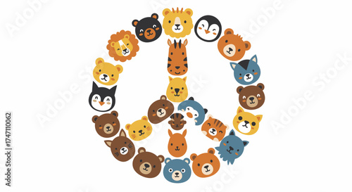 Charming cartoon animal faces form a whimsical peace sign symbol of harmony and unity vector