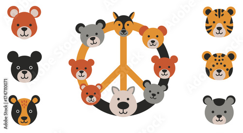 Cute cartoon animal faces arranged in a peace symbol with individual animal portraits for diverse thematic designs vector