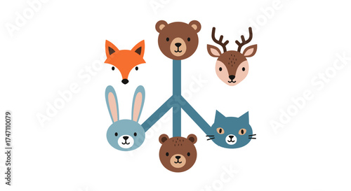 Cute woodland animal faces mobile featuring fox deer rabbit two bears and cat for nursery decor and baby shower celebration vector