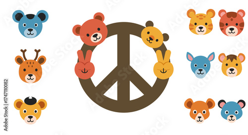 Cute cartoon animal faces forming a peace symbol for children's art and design elements vector