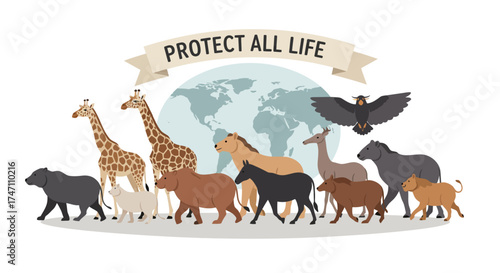 Diverse animals unite beneath earth banner advocating protect all life conservation concept vector