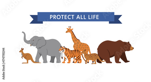 Diverse wildlife conservation concept featuring animals kangaroo elephant tiger giraffe bear message protect all life vector