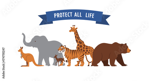 Diverse wild animals in artistic style representing wildlife conservation and endangered species protection movement global initiative vector