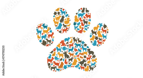 Vibrant paw print composed of diverse collage of animals promoting pet adoption and animal welfare vector