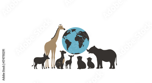 Diverse african wildlife silhouette assemblage centered around a detailed earth globe symbolizing global conservation efforts vector