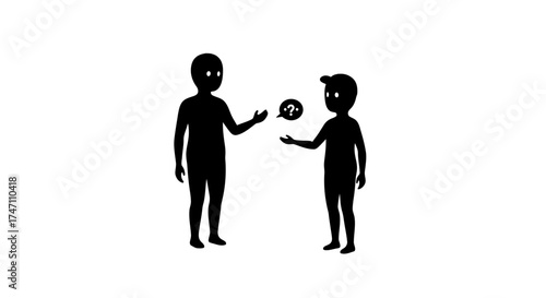Two silhouetted figures interacting with a speech bubble containing a question mark symbol promoting communication and dialogue vector