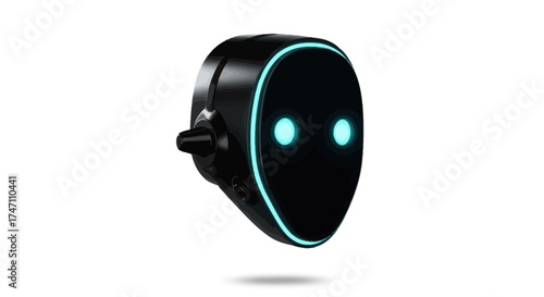 Futuristic robotic head with glowing cyan eyes and neon green accents levitating in studio lighting vector