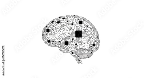 Abstract digital brain silhouette with circuitry and chip represents artificial intelligence and neural network technology innovation vector