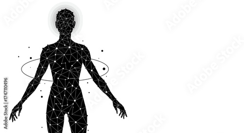 Abstract silhouette of human body composed of interconnected scientific symbols and celestial orbits illustrating global science network vector