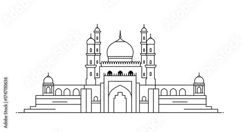 Architectural sketch of a grand mosque with twin minarets and central dome showcasing islamic heritage and cultural significance vector