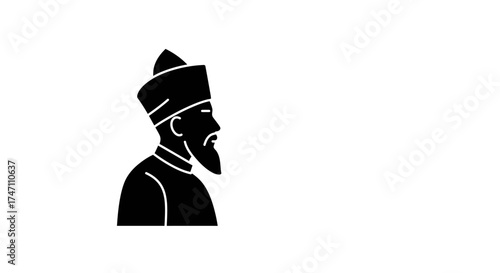 Silhouette profile portrait of a bearded man in traditional hat and clothing elegant historical figure abstract design vector