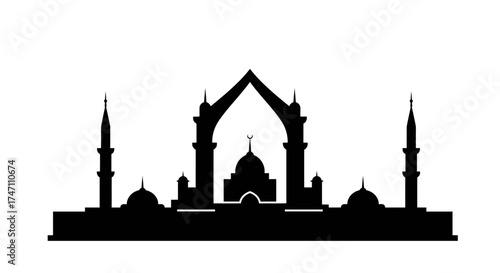 Monochromatic silhouette of iconic grand mosque architecture featuring minarets domes and intricate archways evoking spiritual serenity vector