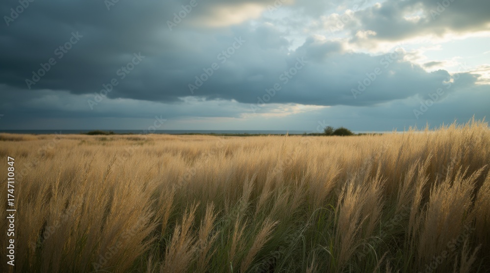Obraz premium Tall grass flattened in waves, horizon under dark clouds