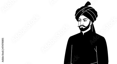 Elegant indian man in traditional turban and beard majestic portrait illustration studio shot in silhouette style vector