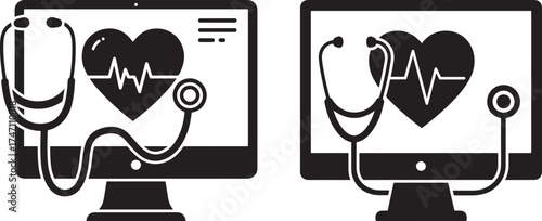 Digital health monitoring with a stethoscope on computer screens silhouette isolated on white background