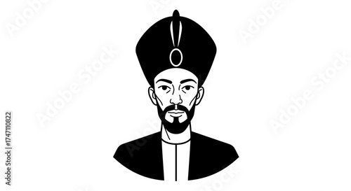 Portrait of a royal figure with a tall ceremonial hat and a beard black and white artistic representation of a distinguished man vector