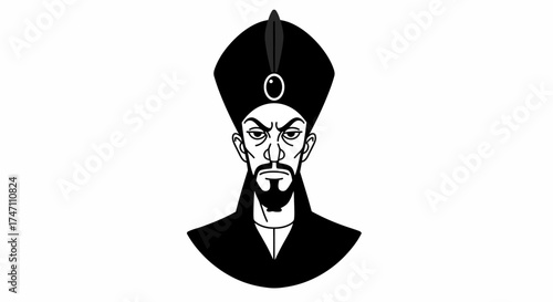 Dramatic portrait of a mysterious medieval king or emperor with a tall elaborate headdress in a bold stylized drawing style for storytelling and fantasy themes vector