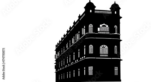 Historic ornate architecture building facade monochromatic graphic design architectural landmark facet perspective detailed structure silhouette vector