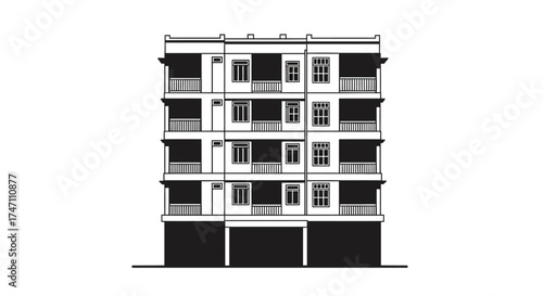 Architectural blueprint style rendering of a multi-story apartment building facade with balconies and ground floor commercial spaces vector