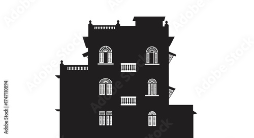 Architectural silhouette of a gothic revival building featuring ornate windows balconies and turrets against a white sky vector