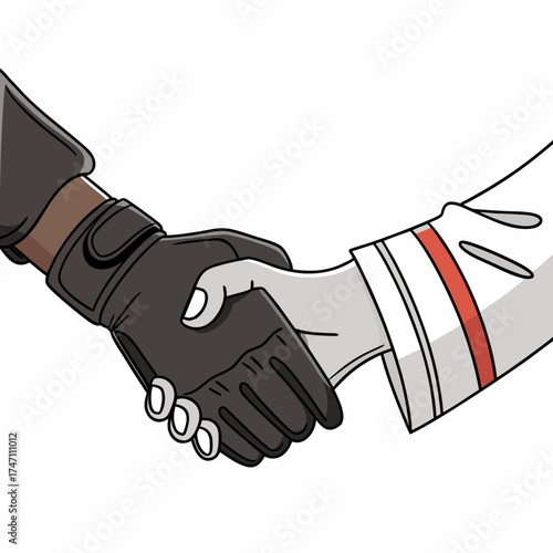 Two gloved hands shaking on white background handshake