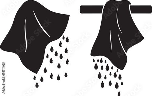 Two dark fabric silhouettes dripping water isolated on white background