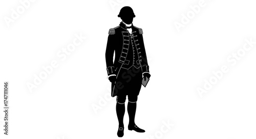 Silhouette of a 17th century gentleman in formal court attire standing still full body portrait vector