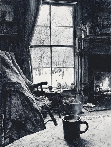 Rustic mountain cabin interior featuring a crackling fireplace steaming coffee and a snowy forest view through the window pane