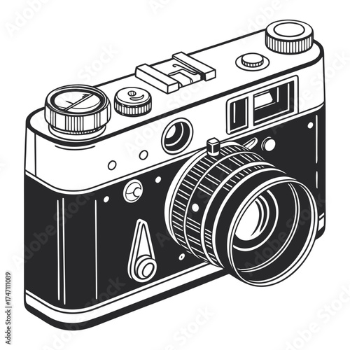 Black and white retro film camera icon retro camera